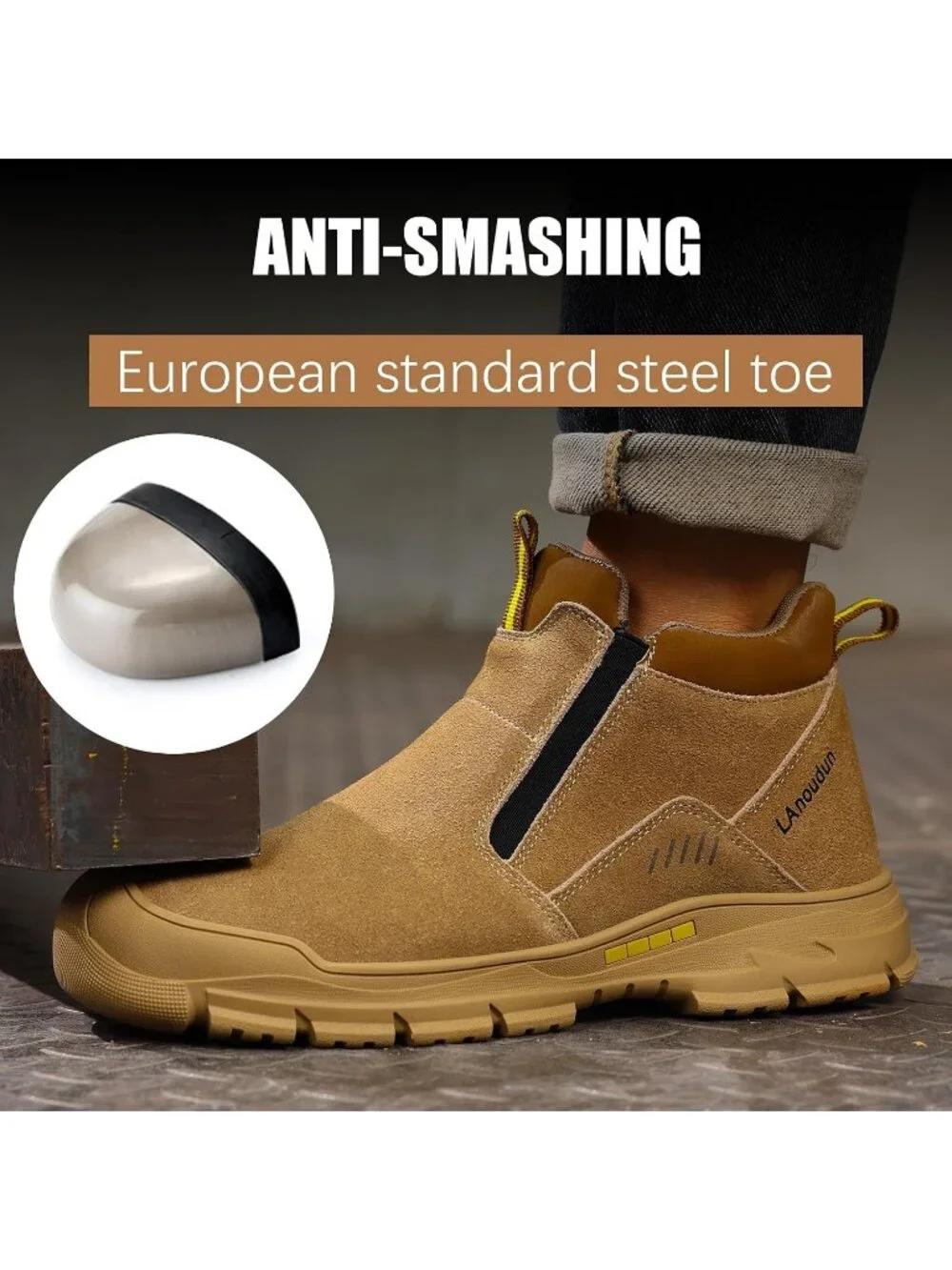 Men's Khaki Brown Fireproof Shoes Casual Steel Toe Slip On Jobsite Work Boots